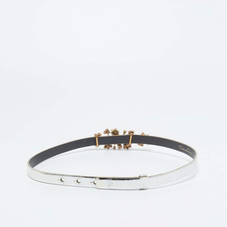 Pre Owned Oscar de la Renta Silver Patent Leather Crystal Embellished Belt M