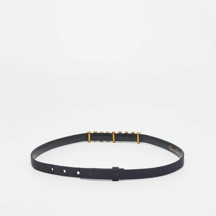 Pre Owned Oscar de la Renta Navy Blue Satin Crystal Embellished Waist Belt M
