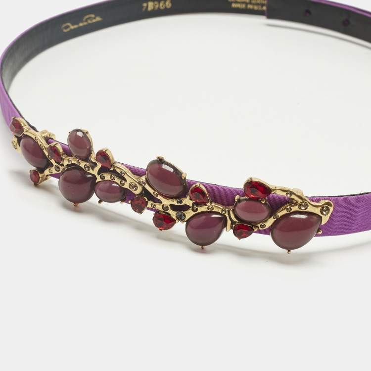 مملوكة مسبقًا Oscar de la Renta Purple Satin Crystals Embellished Slim Waist Belt L