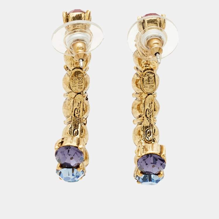 Pre Owned Oscar de la Renta Rainbow Crystals Gold Tone Earrings
