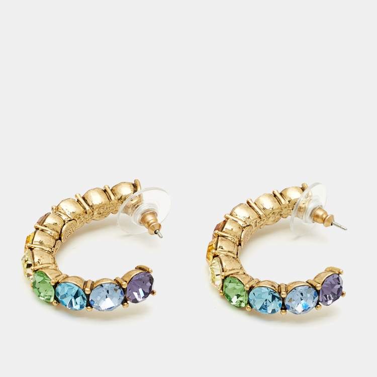 Pre Owned Oscar de la Renta Rainbow Crystals Gold Tone Earrings