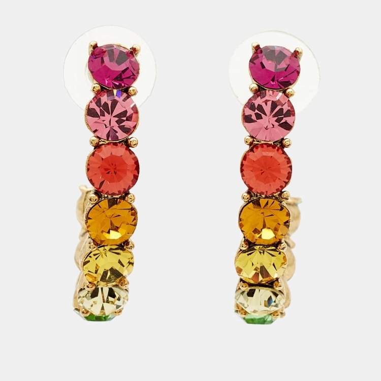 Pre Owned Oscar de la Renta Rainbow Crystals Gold Tone Earrings