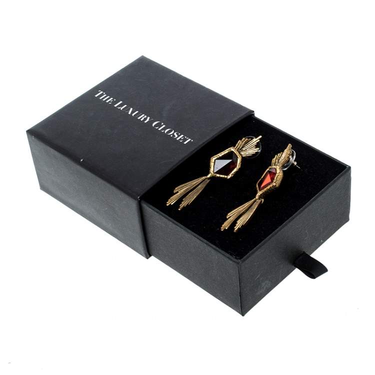 Pre Owned Oscar de la Renta Red Crystal Gold Tone Long Earrings