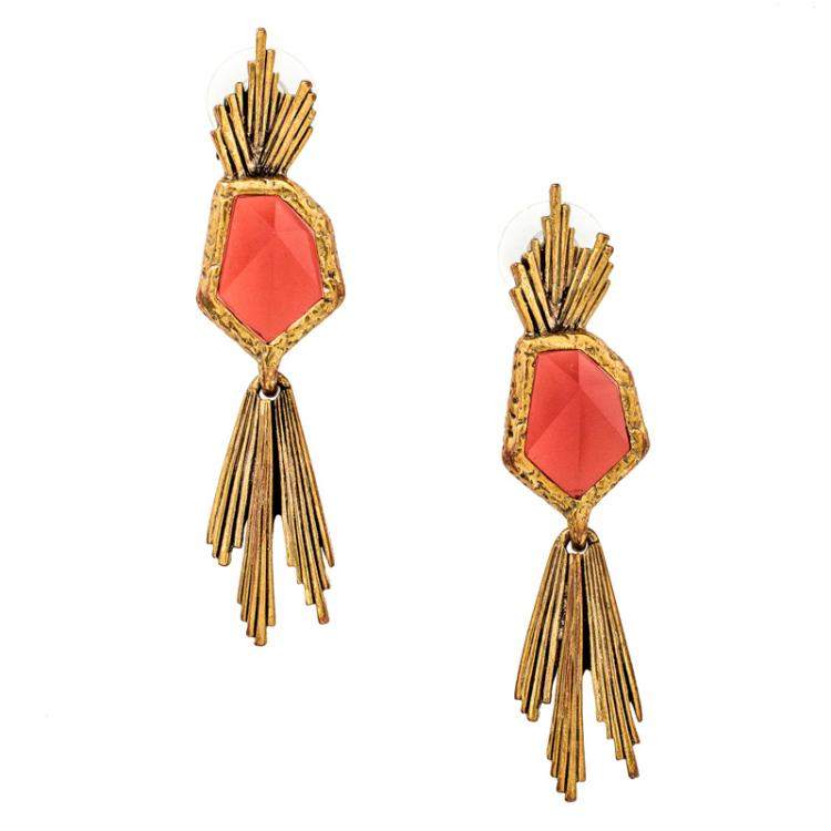 Pre Owned Oscar de la Renta Red Crystal Gold Tone Long Earrings