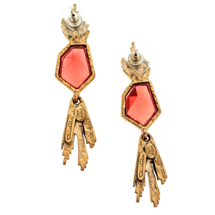 Pre Owned Oscar de la Renta Red Crystal Gold Tone Long Earrings