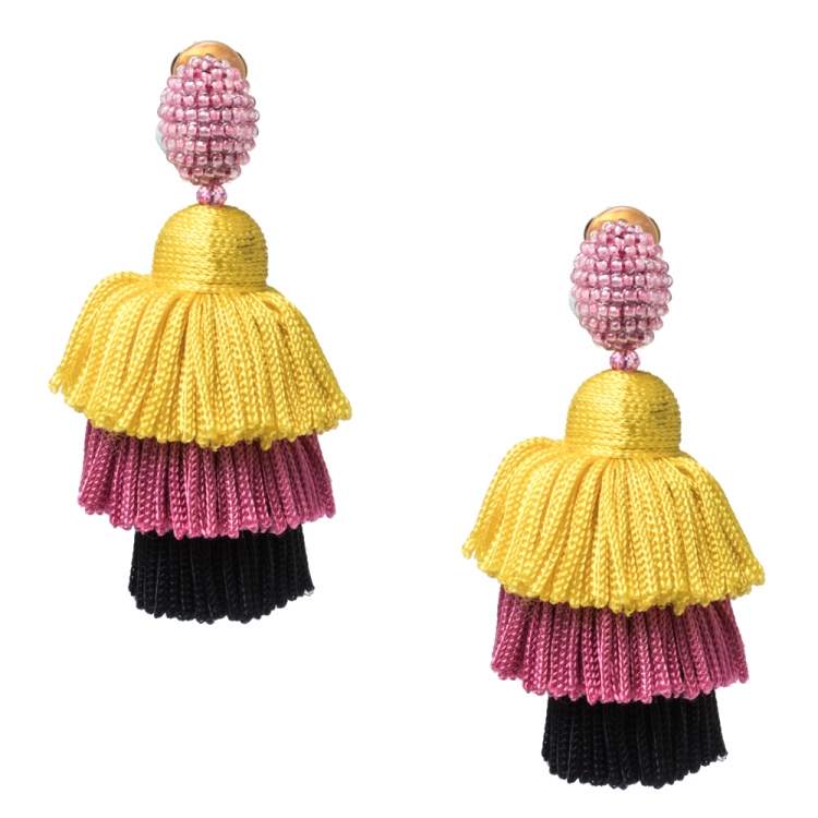 Pre Owned Oscar de la Renta Multicolor Silk Tiered Tassel Clip-On Earrings