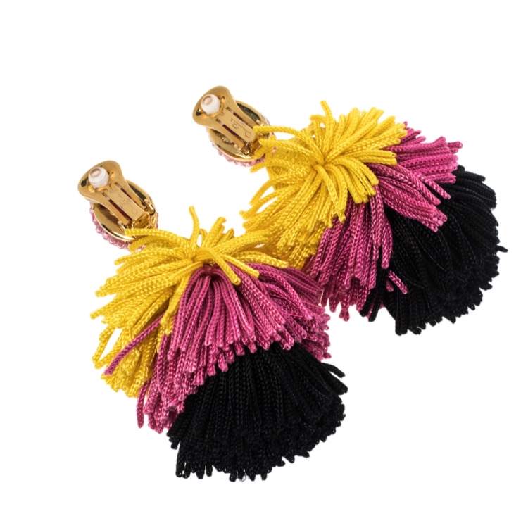 Pre Owned Oscar de la Renta Multicolor Silk Tiered Tassel Clip-On Earrings