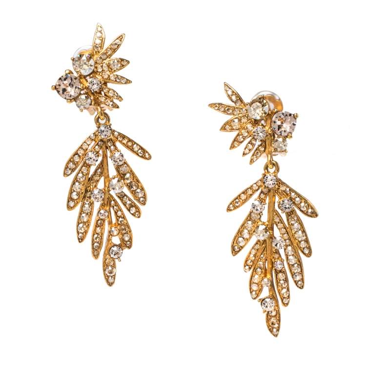 Pre Owned Oscar de la Renta Crystal Tropical Palm Clip-On Earrings