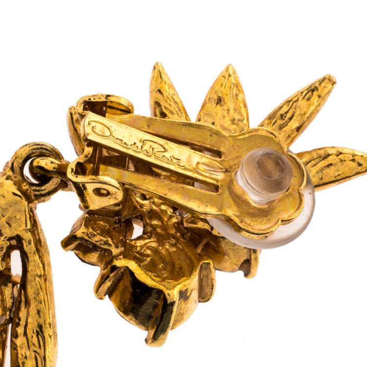 Pre Owned Oscar de la Renta Crystal Tropical Palm Clip-On Earrings