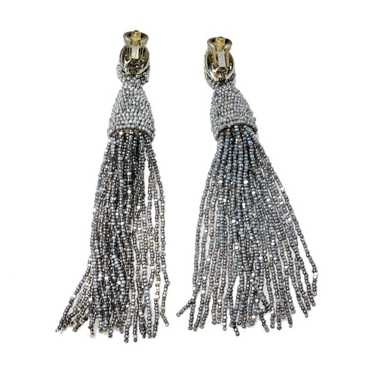 مملوكة مسبقًا Oscar de la Renta Silver Classic Long Beaded Tassel Earrings