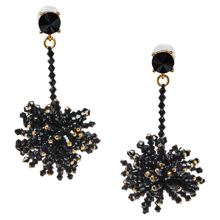 Pre Owned Oscar De La Renta Black Beaded Firework Drop Earrings