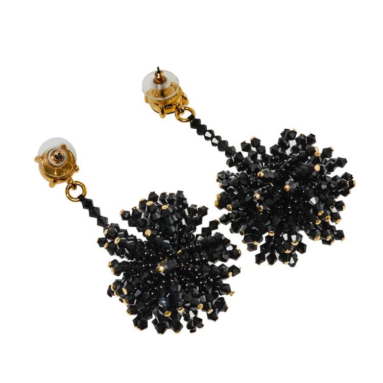 Pre Owned Oscar De La Renta Black Beaded Firework Drop Earrings
