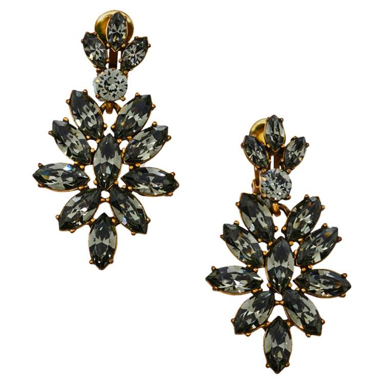 Pre Owned Oscar de la Renta Grey Crystal Navette Clip On Earrings