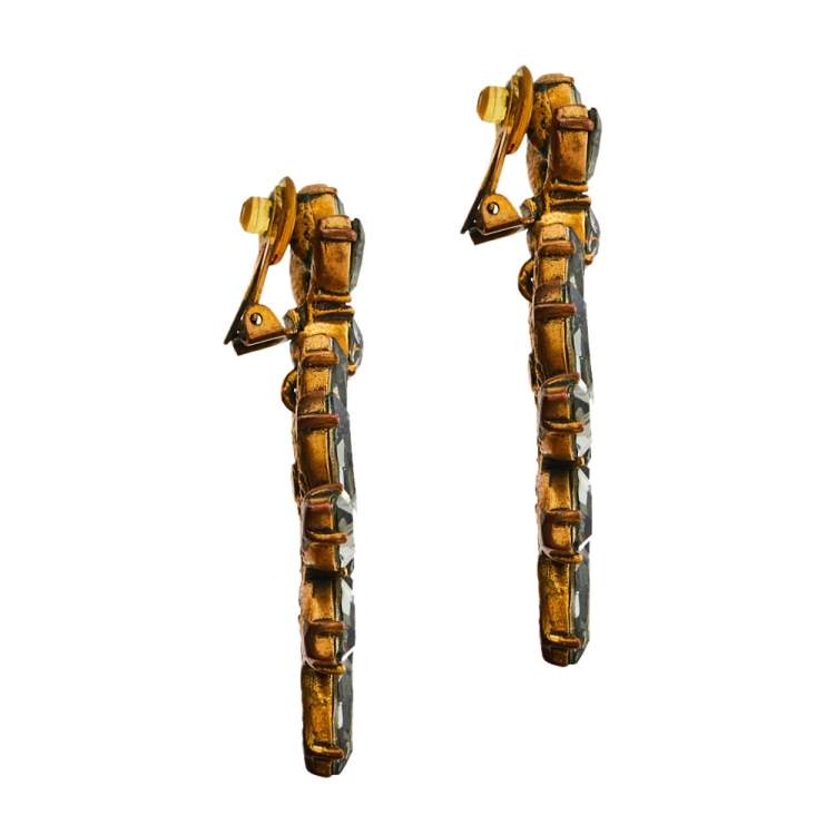 Pre Owned Oscar de la Renta Grey Crystal Navette Clip On Earrings