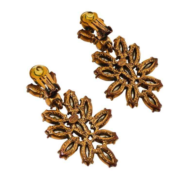 Pre Owned Oscar de la Renta Grey Crystal Navette Clip On Earrings