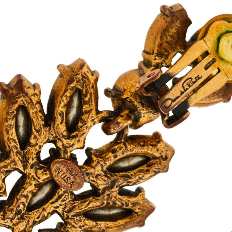 Pre Owned Oscar de la Renta Grey Crystal Navette Clip On Earrings