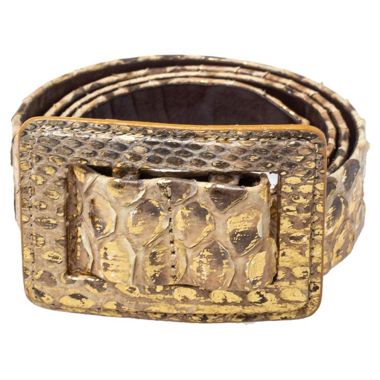 Pre Owned Oscar de la Renta Metallic Gold Python Belt 95CM