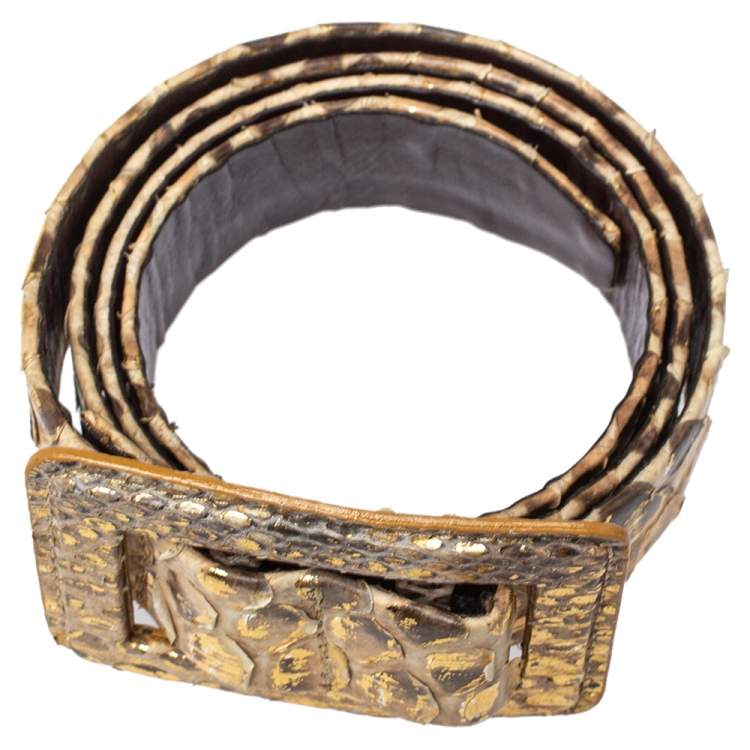 Pre Owned Oscar de la Renta Metallic Gold Python Belt 95CM