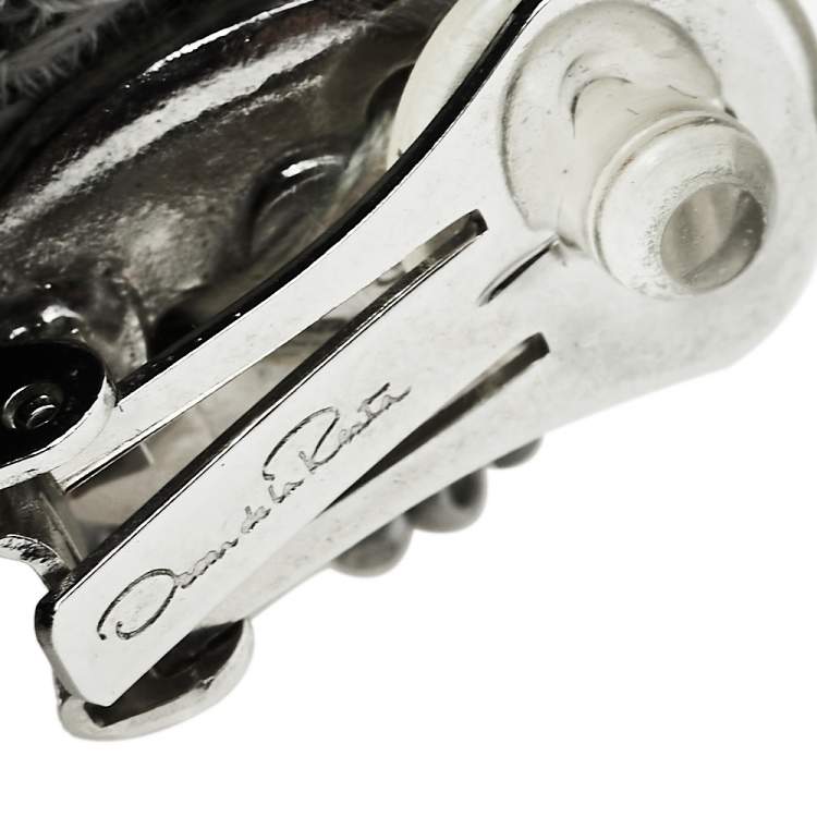 Pre Owned Oscar de la Renta Silver Beaded Short Tasseled Clip On Earrings