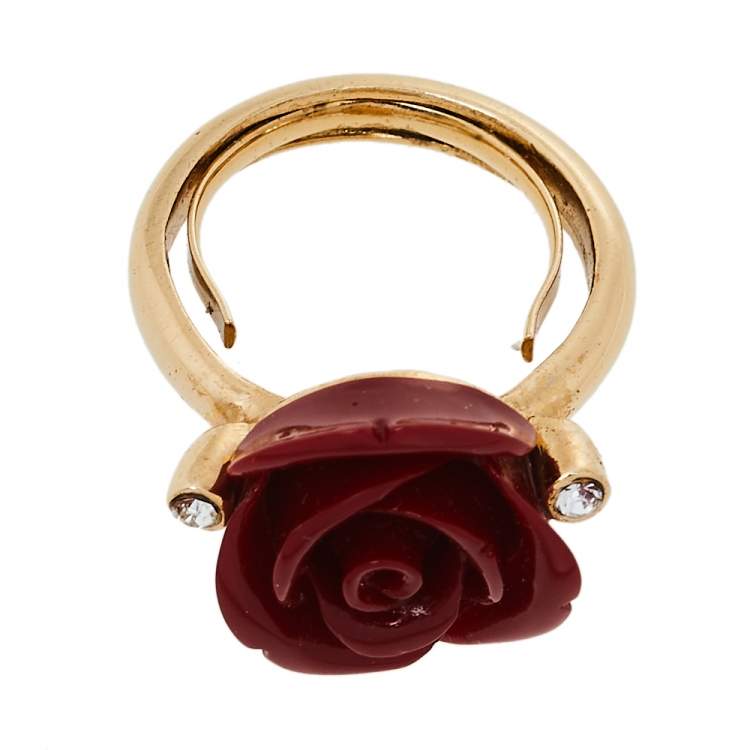 Pre Owned Oscar de la Renta Red Resin Rose Cocktail Ring Size EU 50.5