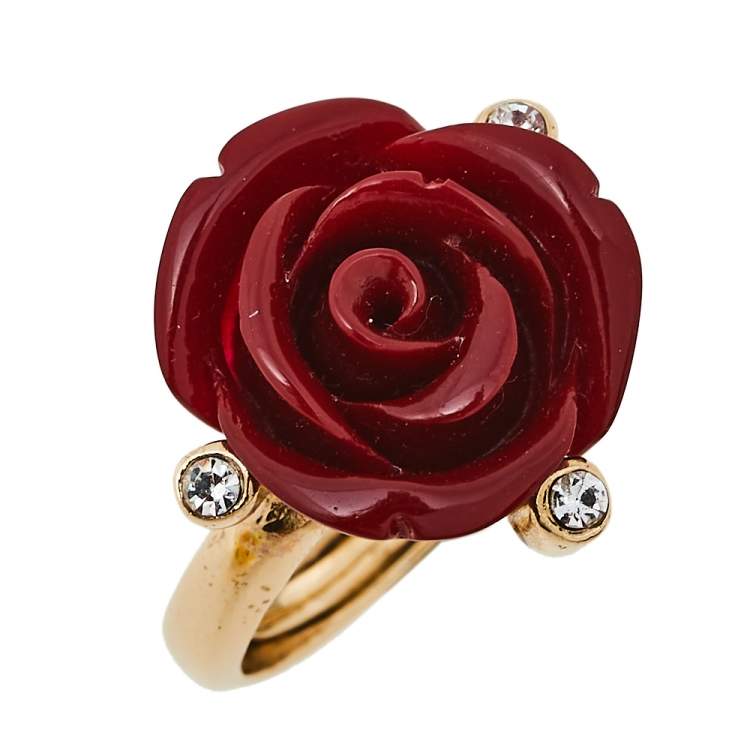 Pre Owned Oscar de la Renta Red Resin Rose Cocktail Ring Size EU 50.5