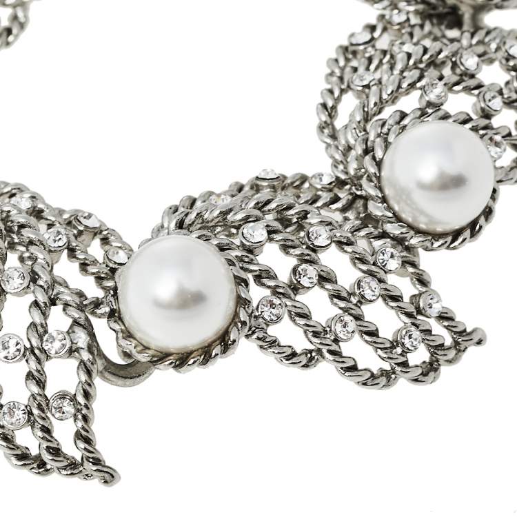 Pre Owned Oscar de la Renta Crystal Winged Faux Pearl Toggle Bracelet