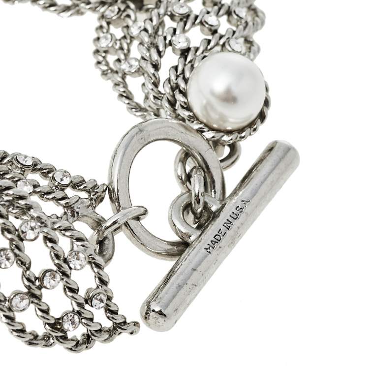 Pre Owned Oscar de la Renta Crystal Winged Faux Pearl Toggle Bracelet