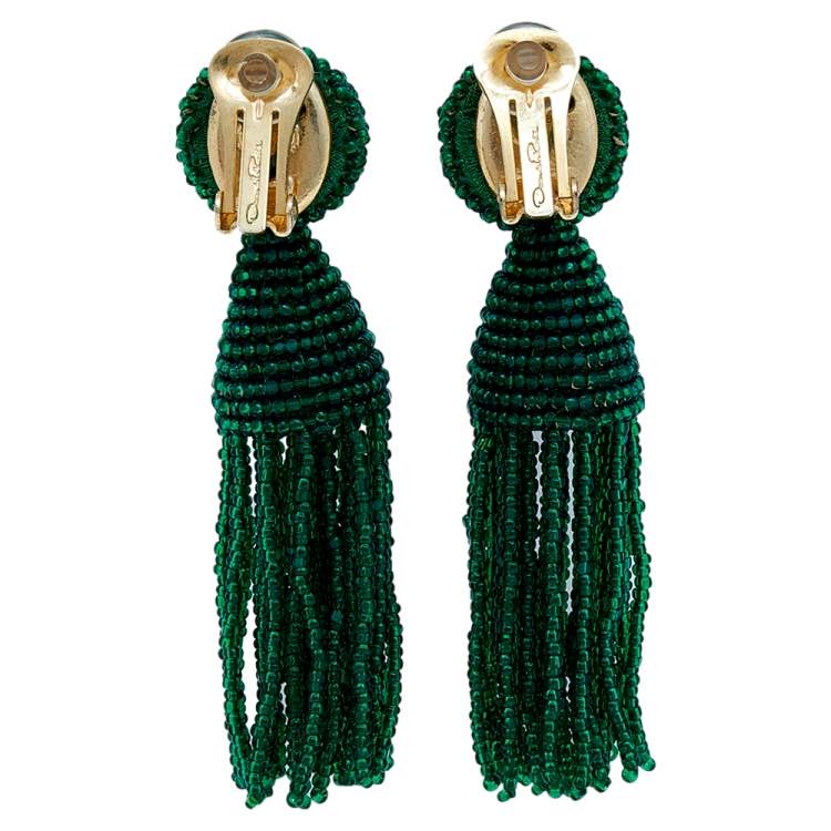 Pre Owned Oscar de la Renta Green Beaded Tassel Earrings