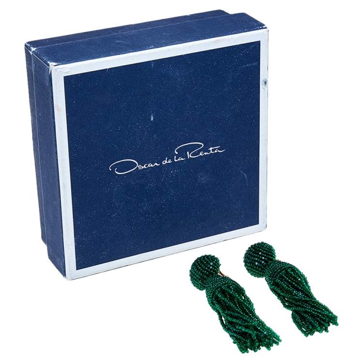 Pre Owned Oscar de la Renta Green Beaded Tassel Earrings