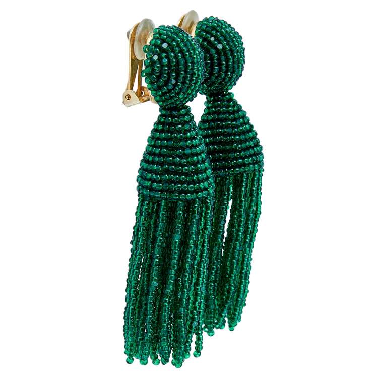 Pre Owned Oscar de la Renta Green Beaded Tassel Earrings