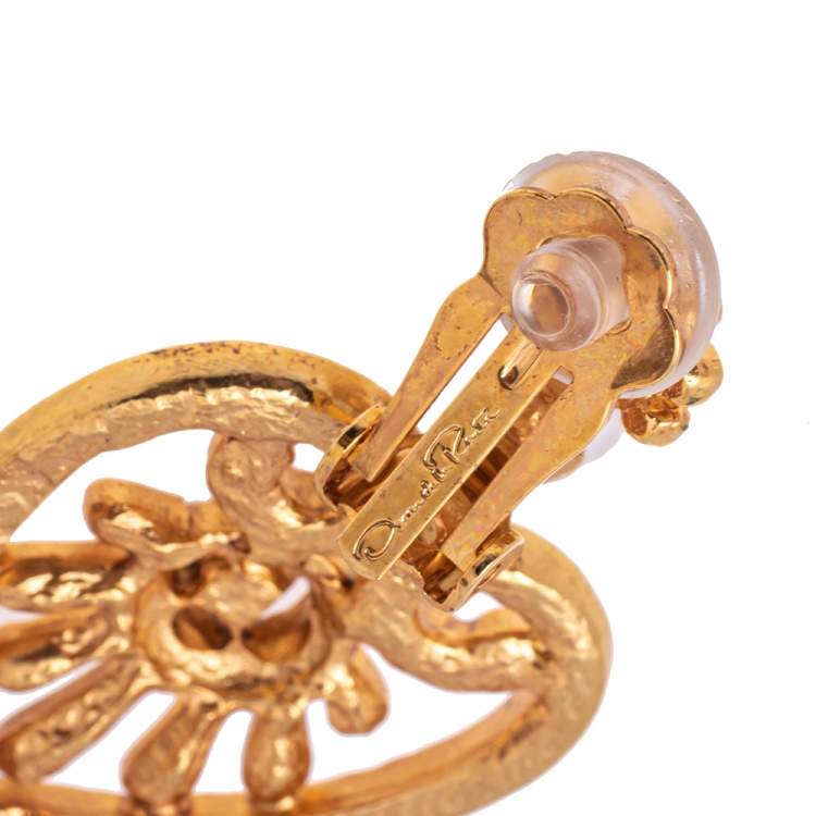 Pre Owned Oscar de la Renta Crystal Embellished Heart Drop Earrings