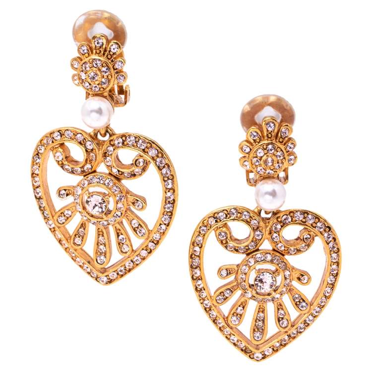 Pre Owned Oscar de la Renta Crystal Embellished Heart Drop Earrings