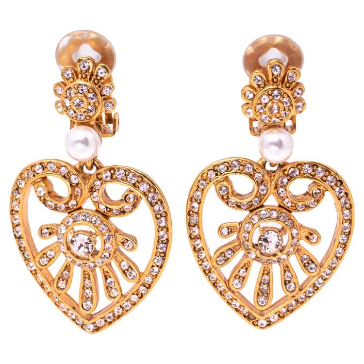 Pre Owned Oscar de la Renta Crystal Embellished Heart Drop Earrings