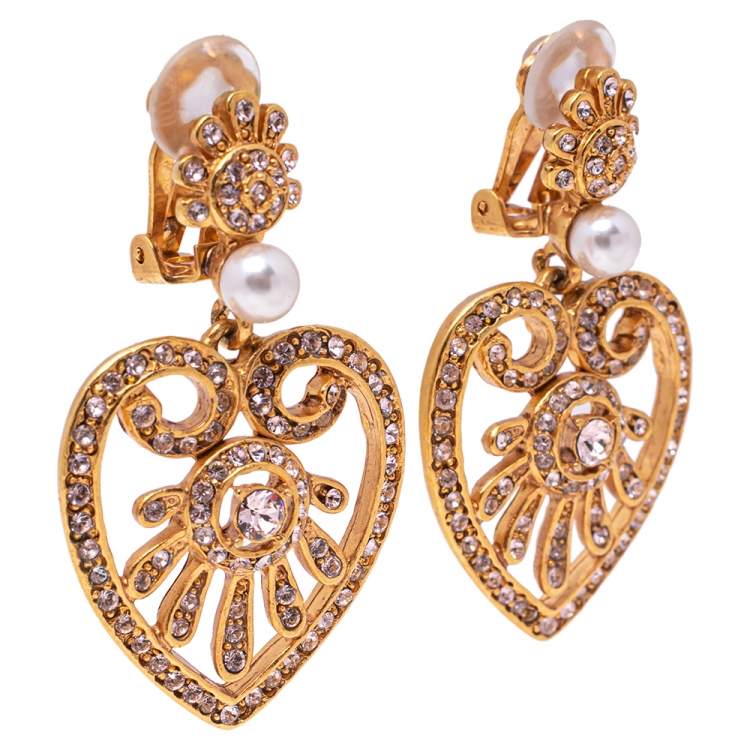Pre Owned Oscar de la Renta Crystal Embellished Heart Drop Earrings