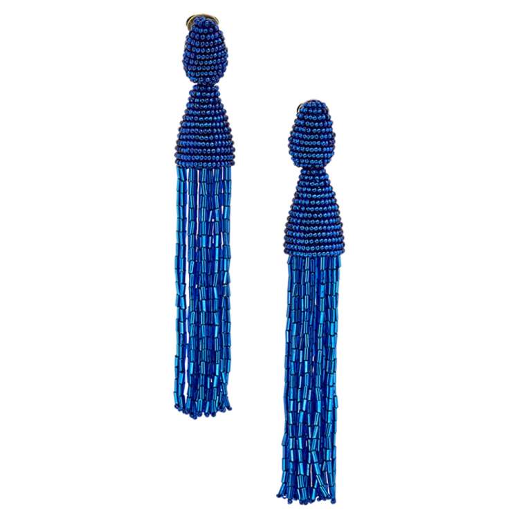 Pre Owned Oscar de la Renta Blue Beaded Tassel Clip on Earrings