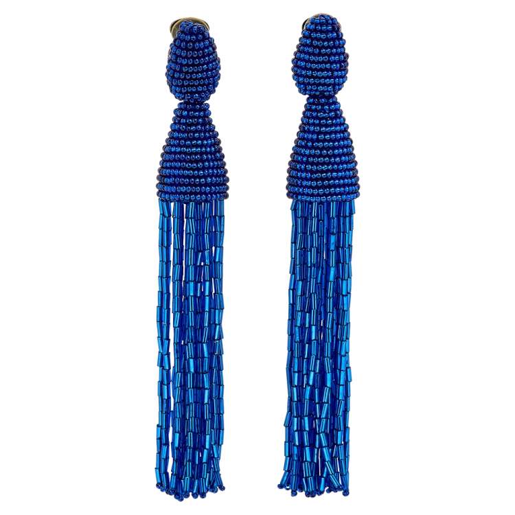 Pre Owned Oscar de la Renta Blue Beaded Tassel Clip on Earrings