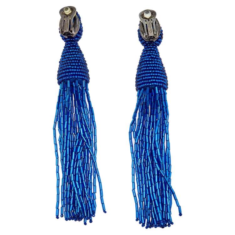 Pre Owned Oscar de la Renta Blue Beaded Tassel Clip on Earrings