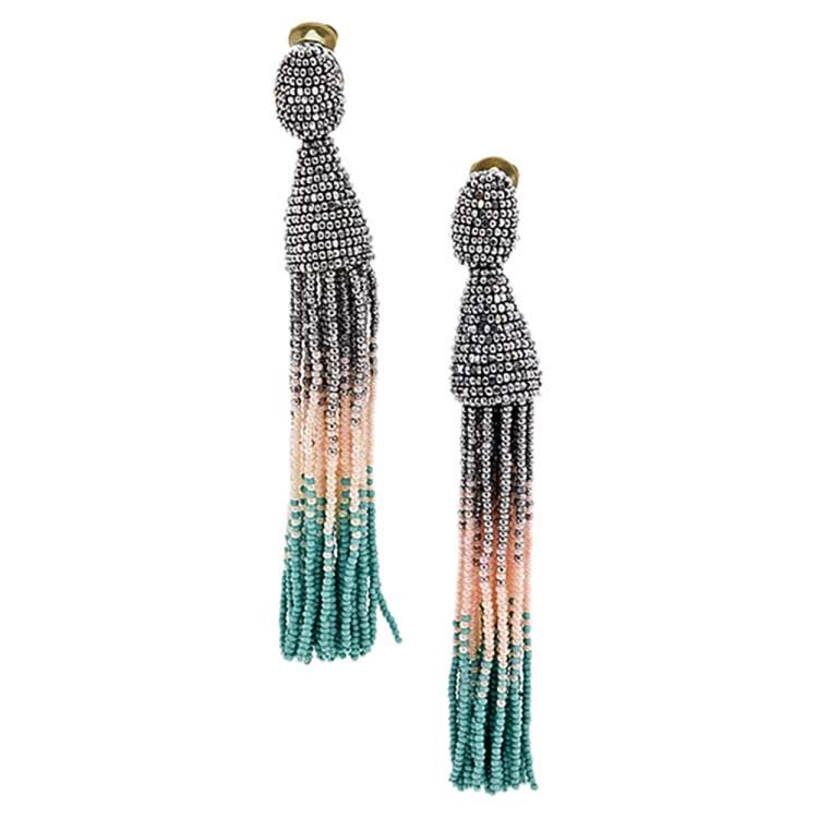 Pre Owned Oscar de la Renta Multicolor Beaded Tassel Clip on Earrings