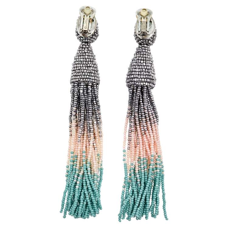 Pre Owned Oscar de la Renta Multicolor Beaded Tassel Clip on Earrings