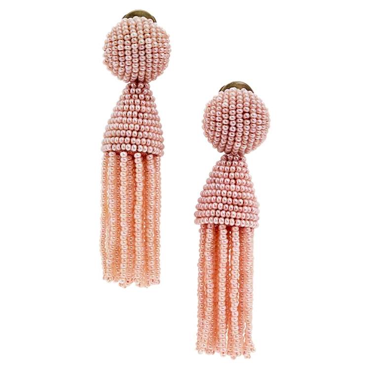 Pre Owned Oscar de la Renta Pink Beaded Tassel Clip on Earrings