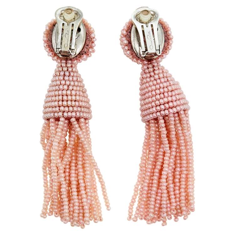 Pre Owned Oscar de la Renta Pink Beaded Tassel Clip on Earrings
