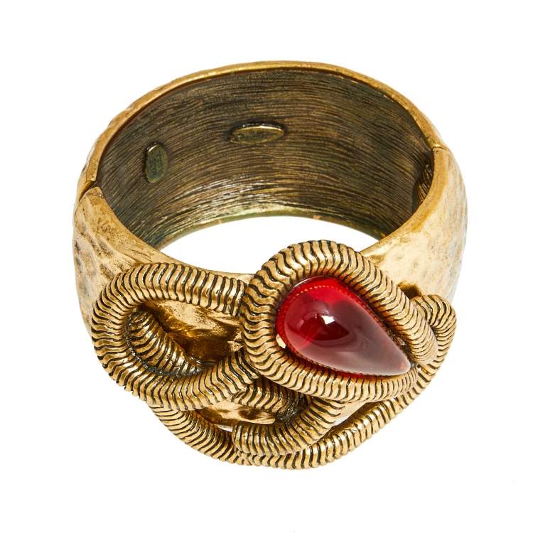 Pre Owned Oscar de la Renta Gold Tone Red Crystal Cuff Bracelet