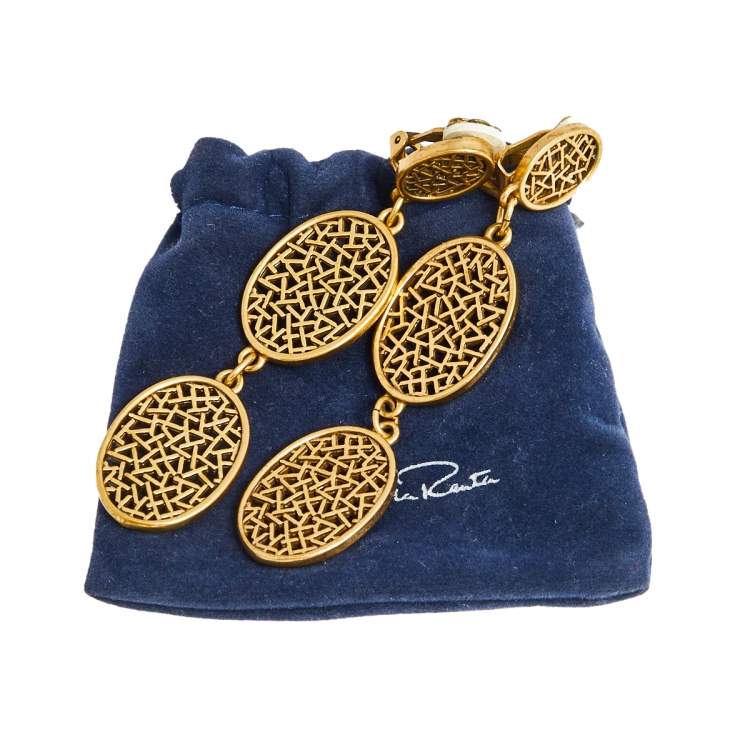 Pre Owned Oscar de la Renta Gold Tone Oval Drop Clip On Earrings 