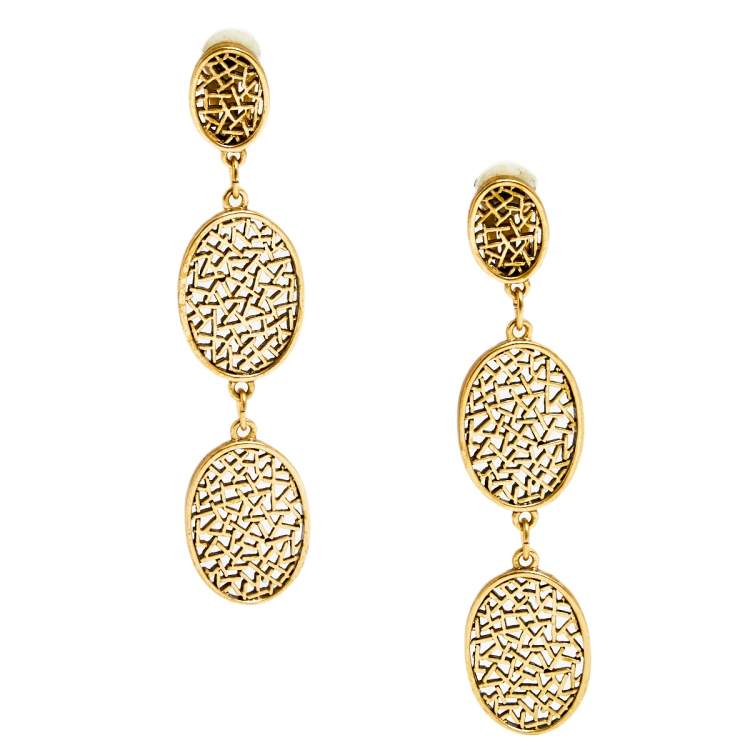Pre Owned Oscar de la Renta Gold Tone Oval Drop Clip On Earrings 