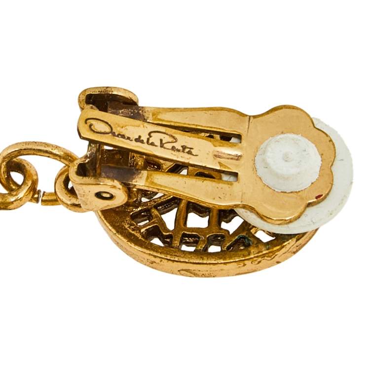 Pre Owned Oscar de la Renta Gold Tone Oval Drop Clip On Earrings 