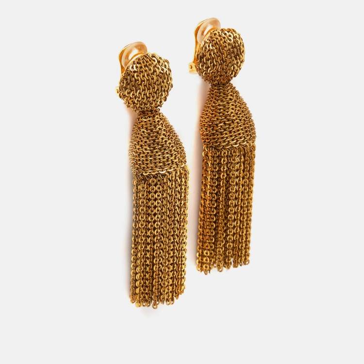 Pre Owned Oscar de la Renta Gold Tone Sequin Tassel Clip On Earrings