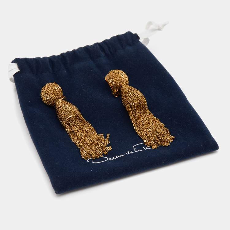 Pre Owned Oscar de la Renta Gold Tone Sequin Tassel Clip On Earrings