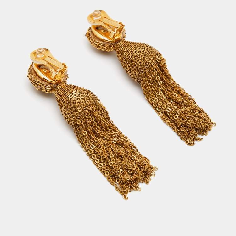 Pre Owned Oscar de la Renta Gold Tone Sequin Tassel Clip On Earrings