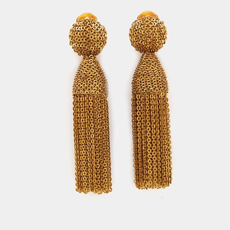 Pre Owned Oscar de la Renta Gold Tone Sequin Tassel Clip On Earrings