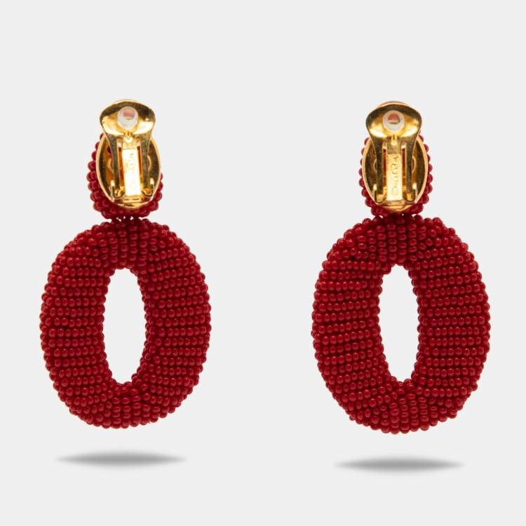 Pre Owned Oscar de la Renta Oscar O Red Beads Gold Tone Clip On Earrings